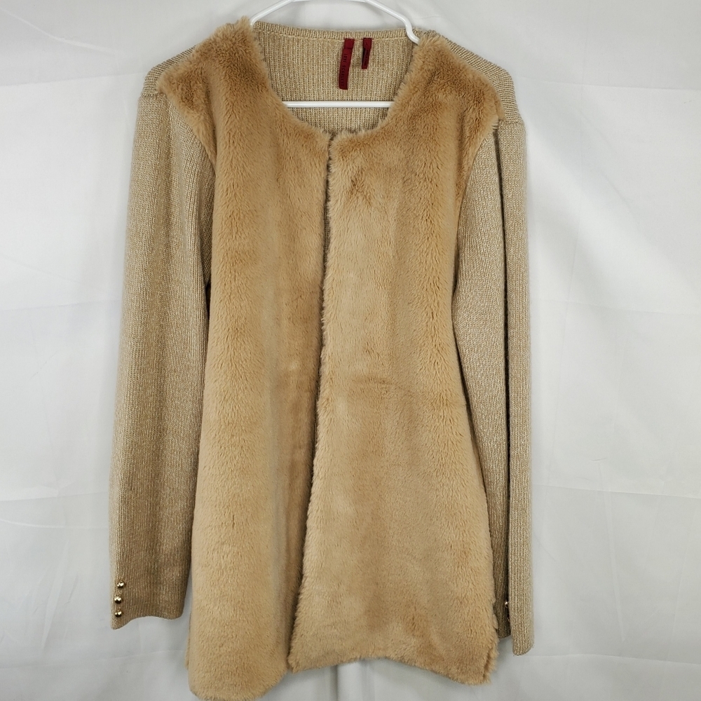 Love Scarlett Beige Long Line Cardigan Sweater Faux Fur Size Large